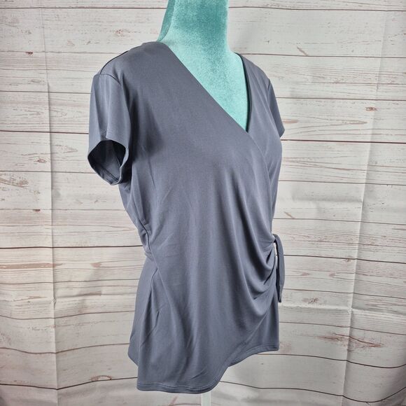 Tahari Faux Wrap Stretch Side Tie Blouse Size Medium Steel Blue Coquette Office - Picture 3 of 14